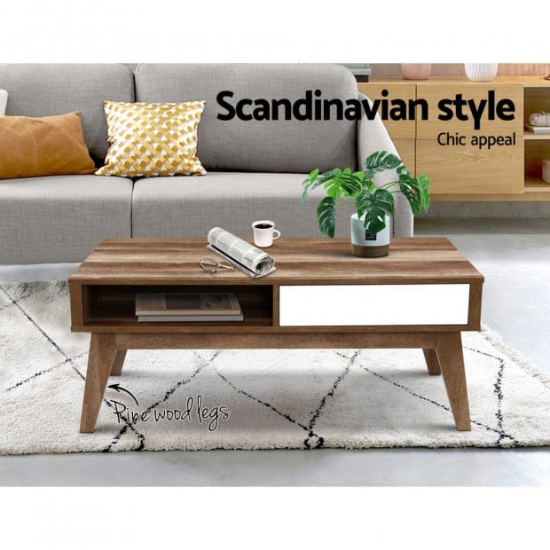 Coffee Table 2 Storage Drawers Open Shelf Scandinavian Wooden White Image 3