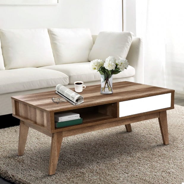 Coffee Table 2 Storage Drawers Open Shelf Scandinavian Wooden White Image 7