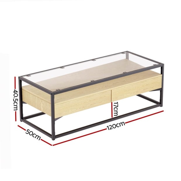 Coffee Table 2 Drawers Glass Tabletop Pine Image 2