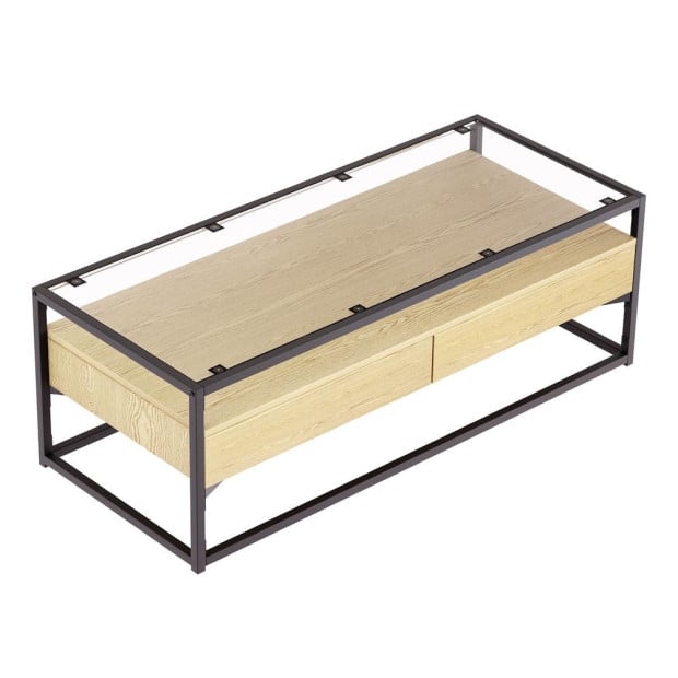Coffee Table 2 Drawers Glass Tabletop Pine Image 3