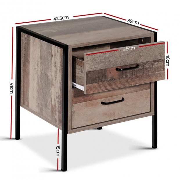 Bedside Table Drawers Nightstand Metal Oak Image 2