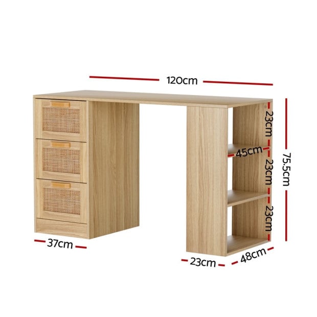 Computer Desk Drawer Shelf Home Office Study Table Rattan Oak 120cm Image 2