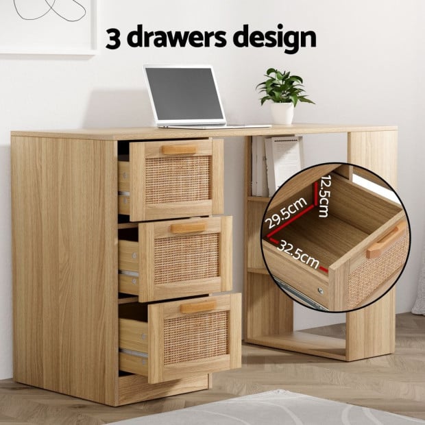 Computer Desk Drawer Shelf Home Office Study Table Rattan Oak 120cm Image 4