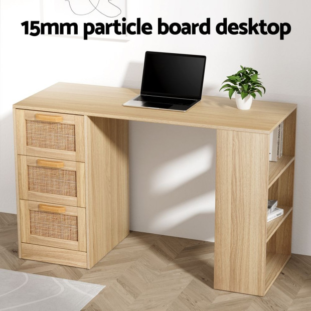 Computer Desk Drawer Shelf Home Office Study Table Rattan Oak 120cm Image 6