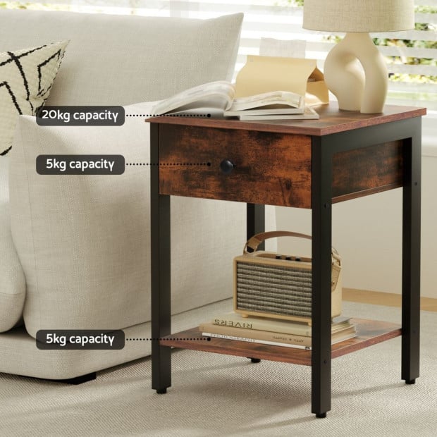 Bedside Table Nightstand 1 Drawer Shelves Walnut Image 5