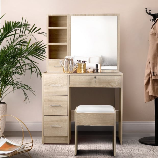 Dressing Table Stool Set Slide Mirror Makeup Vanity Desk Chair Oak Image 8