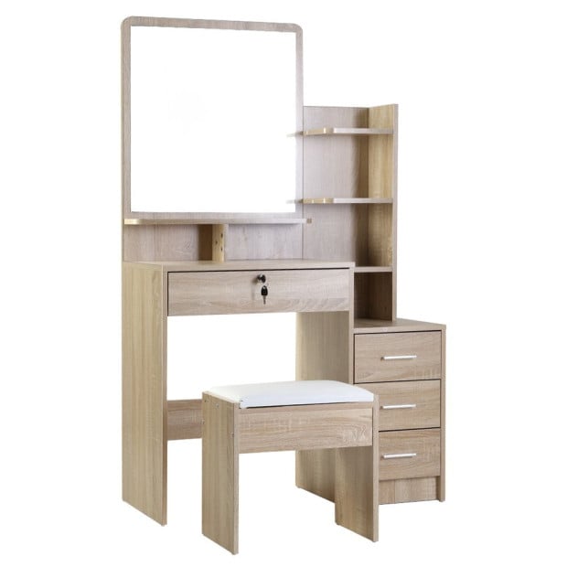 Dressing Table Mirror Stool Set Vanity Makeup Desk Organizer Oak