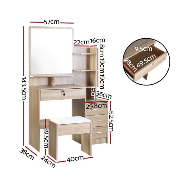 Dressing Table Mirror Stool Set Vanity Makeup Desk Organizer Oak Image 2