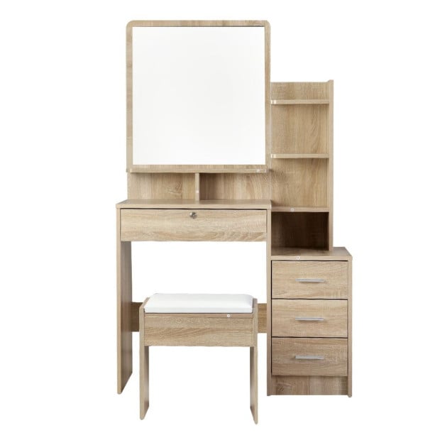 Dressing Table Mirror Stool Set Vanity Makeup Desk Organizer Oak Image 3