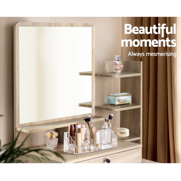 Dressing Table Mirror Stool Set Vanity Makeup Desk Organizer Oak Image 5
