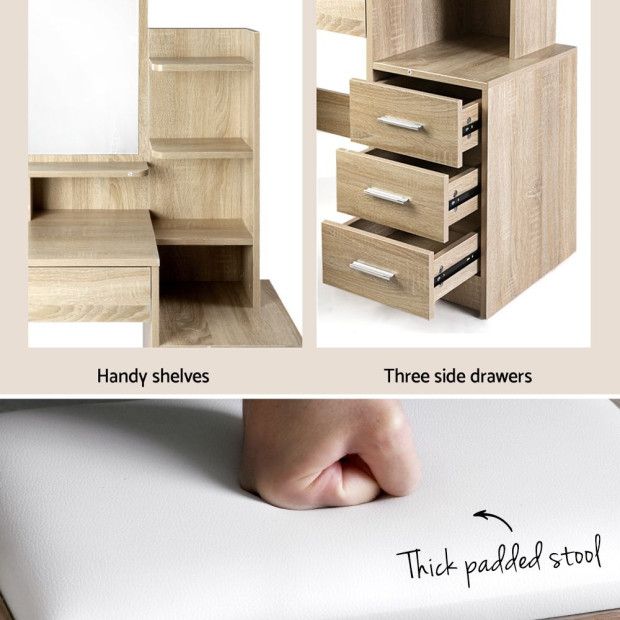 Dressing Table Mirror Stool Set Vanity Makeup Desk Organizer Oak Image 6