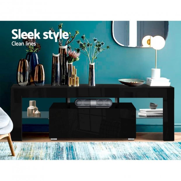 TV Entertainment Unit Stand RGB LED Gloss Furniture 130cm Black Image 3