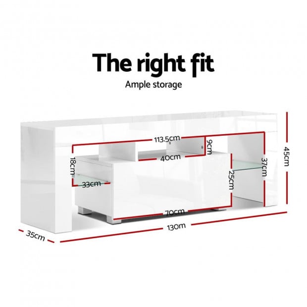 130cm RGB LED TV Stand Cabinet Entertainment Glass Shelf White Image 2