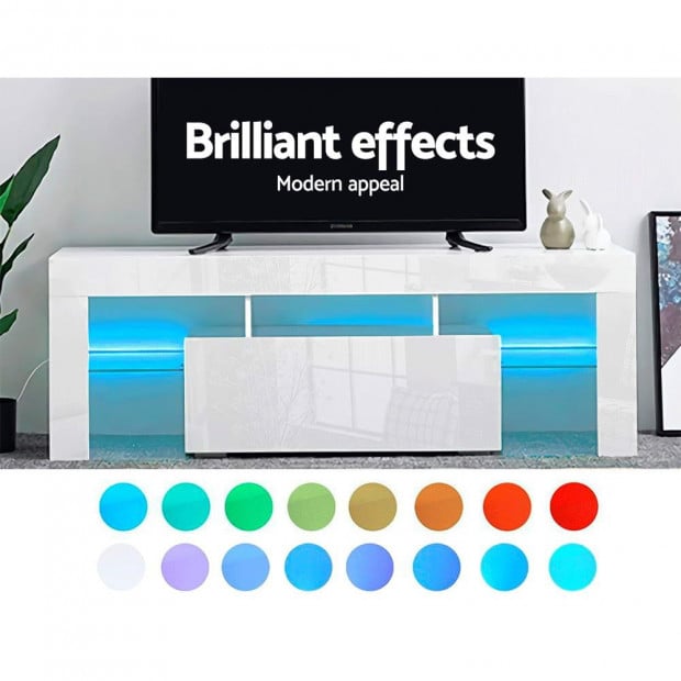 130cm RGB LED TV Stand Cabinet Entertainment Glass Shelf White Image 3