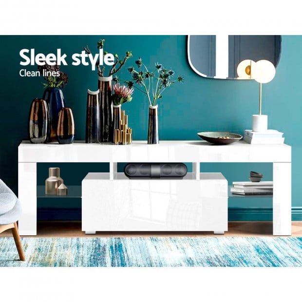130cm RGB LED TV Stand Cabinet Entertainment Glass Shelf White Image 5