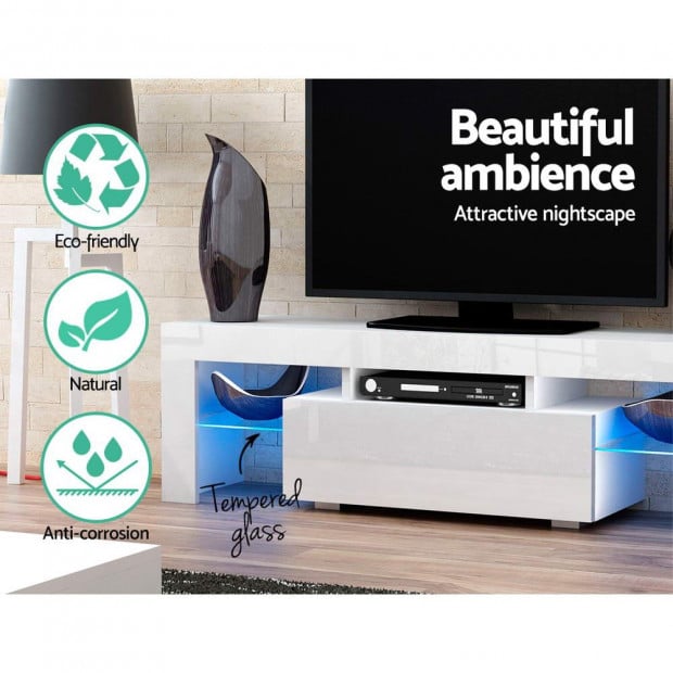 130cm RGB LED TV Stand Cabinet Entertainment Glass Shelf White Image 6