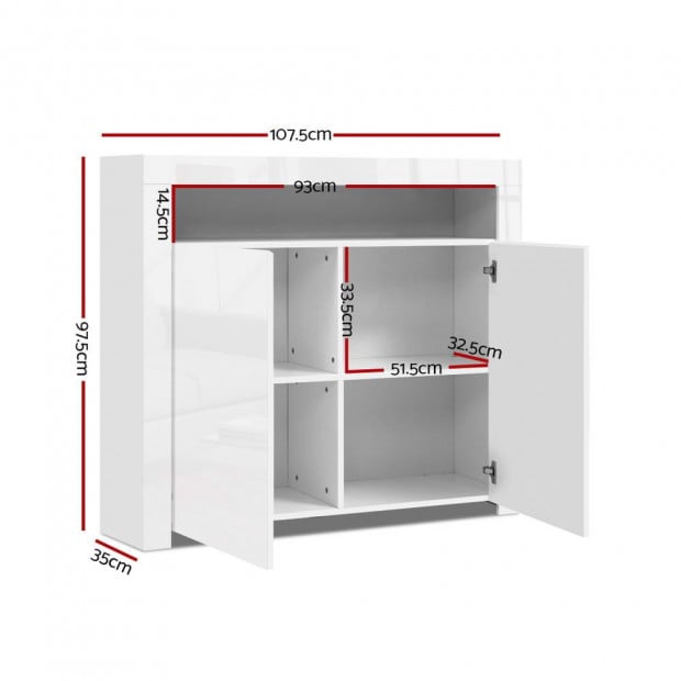 Buffet Sideboard Cabinet LED High Gloss Storage Cupboard 2 Doors White Image 2