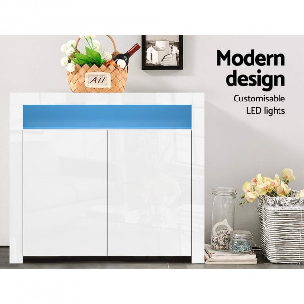 Buffet Sideboard Cabinet LED High Gloss Storage Cupboard 2 Doors White Image 4