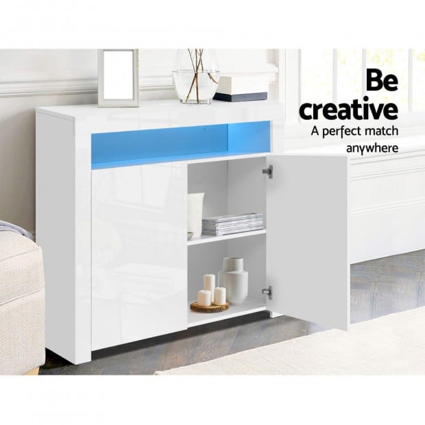 Buffet Sideboard Cabinet LED High Gloss Storage Cupboard 2 Doors White Image 8
