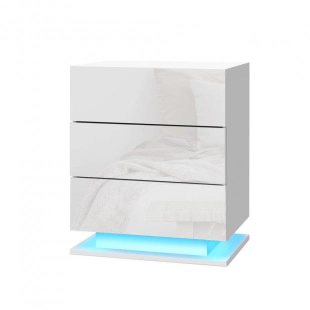 Bedside Tables Side Table RGB LED Lamp 3 Drawers Gloss White
