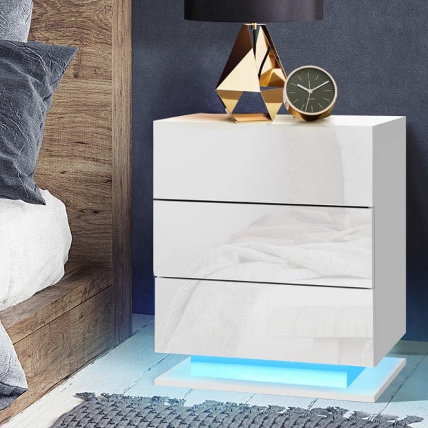 Bedside Tables Side Table RGB LED Lamp 3 Drawers Gloss White Image 7