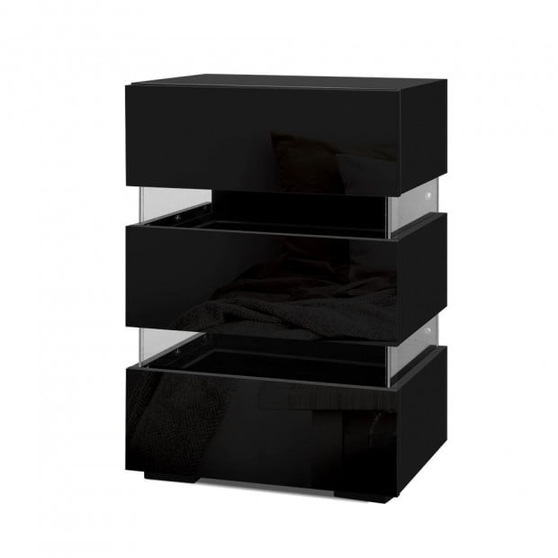 Bedside Table Side Unit RGB LED Lamp 3 Drawers Furniture Black