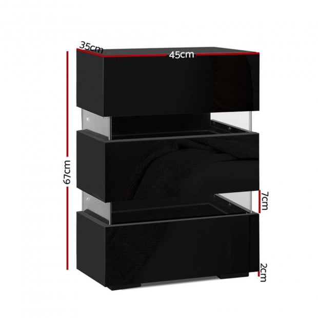 Bedside Table Side Unit RGB LED Lamp 3 Drawers Furniture Black Image 2