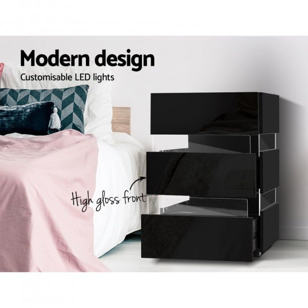 Bedside Table Side Unit RGB LED Lamp 3 Drawers Furniture Black Image 4
