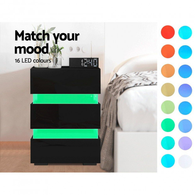 Bedside Table Side Unit RGB LED Lamp 3 Drawers Furniture Black Image 5
