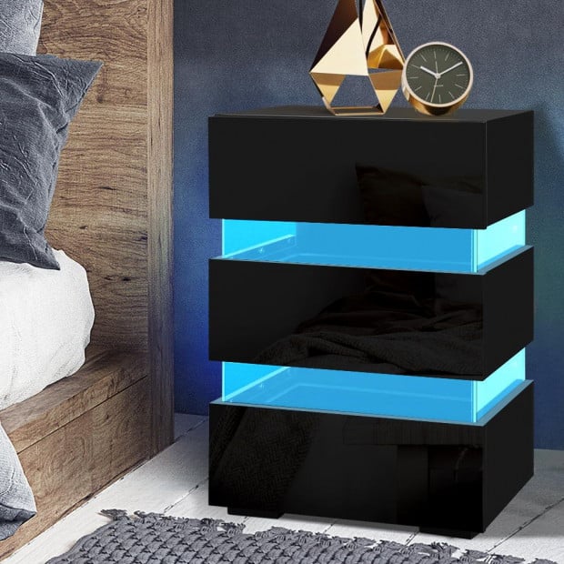 Bedside Table Side Unit RGB LED Lamp 3 Drawers Furniture Black Image 7