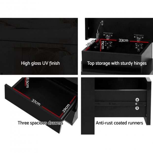 Bedside Tables Side Table 3 Drawers RGB LED High Gloss Black Image 6