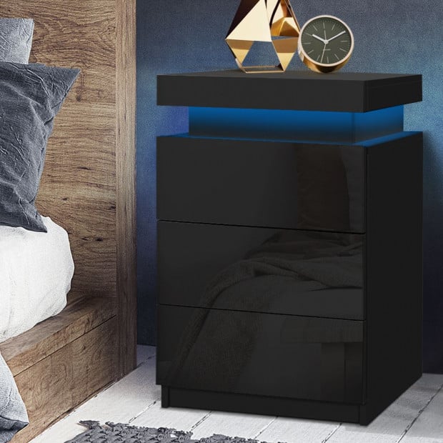 Bedside Tables Side Table 3 Drawers RGB LED High Gloss Black Image 8