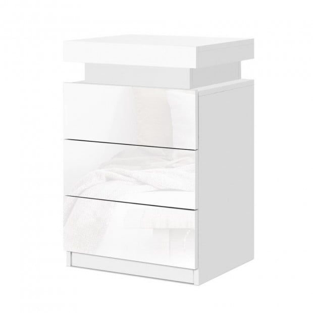 Bedside Tables Side Table 3 Drawers RGB LED High Gloss White