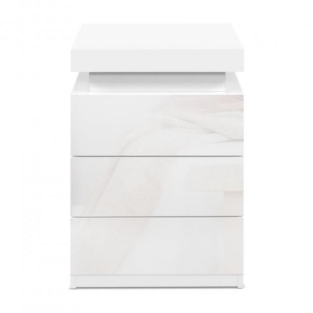 Bedside Tables Side Table 3 Drawers RGB LED High Gloss White Image 3