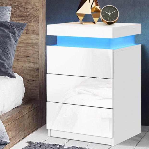 Bedside Tables Side Table 3 Drawers RGB LED High Gloss White Image 7