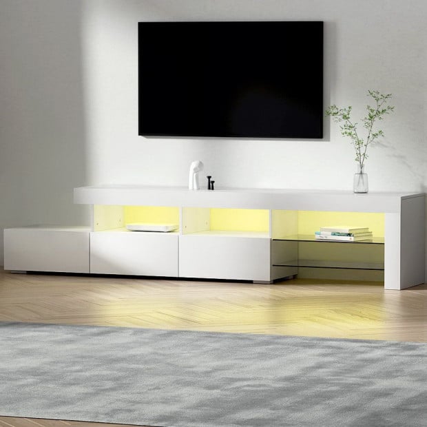 TV Cabinet Entertainment Unit Stand RGB LED Gloss 215cm White Image 3
