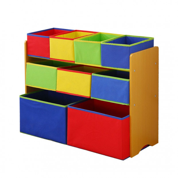 Kids Toy Box 9 Bins Storage Organiser Cabinet Wooden Bookcase 3 Tier