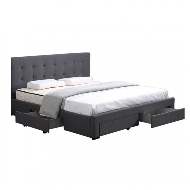 Bed Frame Mattress Base Storage Drawer Wooden Fabric Double Dark Grey