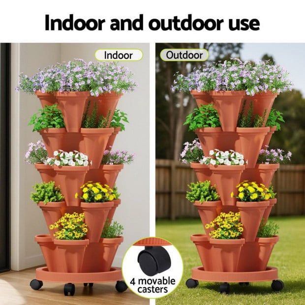 Green Fingers Raised Garden Bed 5 Tier Vertical Garden Brick Red Strawberry Stackable Planters Herbs Petunias Image 6
