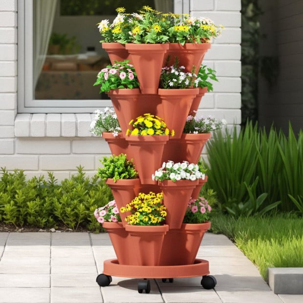 Green Fingers Raised Garden Bed 5 Tier Vertical Garden Brick Red Strawberry Stackable Planters Herbs Petunias Image 7
