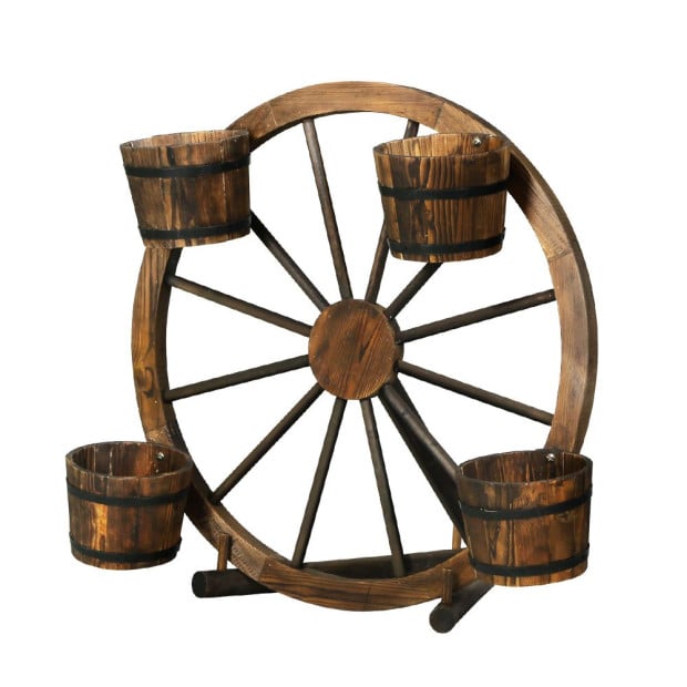 Garden Ornaments Decor Wooden Wagon Wheel Rustic Outdoor Planter
