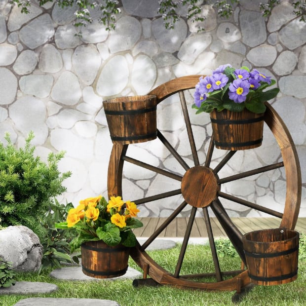 Garden Ornaments Decor Wooden Wagon Wheel Rustic Outdoor Planter Image 8