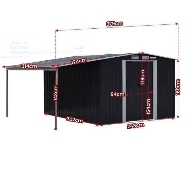 Wallaroo 10x8ft Zinc Steel Garden Shed with Open Storage - Black Image 3