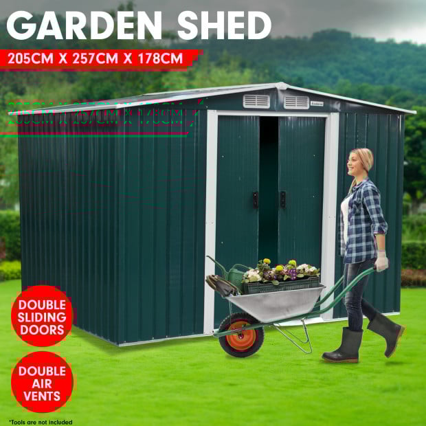 Wallaroo 6ft x 8ft Garden Shed Spire Roof Outdoor Storage Shelter - Green