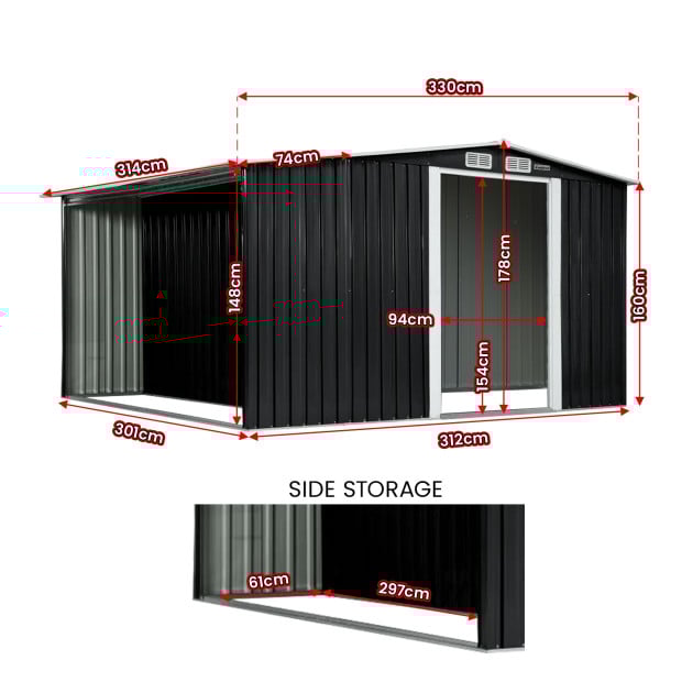 Wallaroo Garden Shed with Semi-Closed Storage 10x8FT - Black Image 4