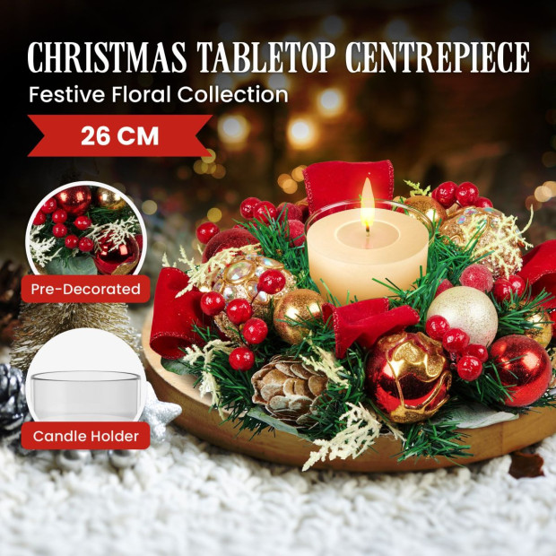 Christmas Festive Floral Centrepiece with Glass Candle Holder - 26cm