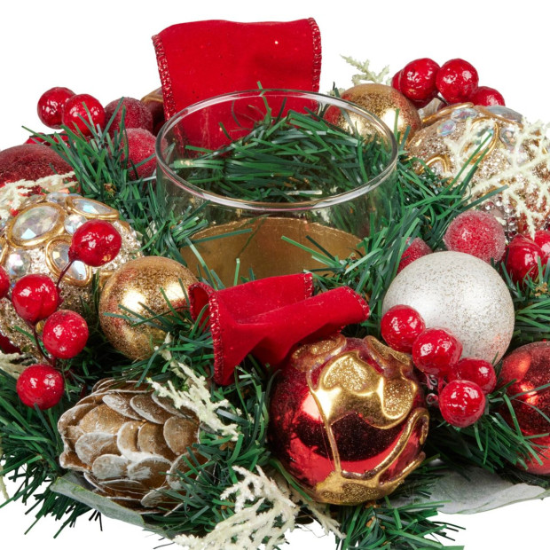 Christmas Festive Floral Centrepiece with Glass Candle Holder - 26cm Image 3