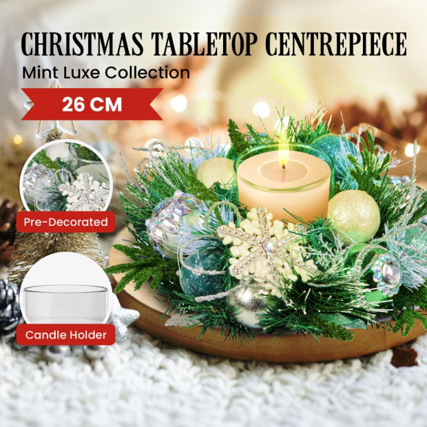Christmas Mint Luxe Centrepiece with Hurricane Glass - 26cm