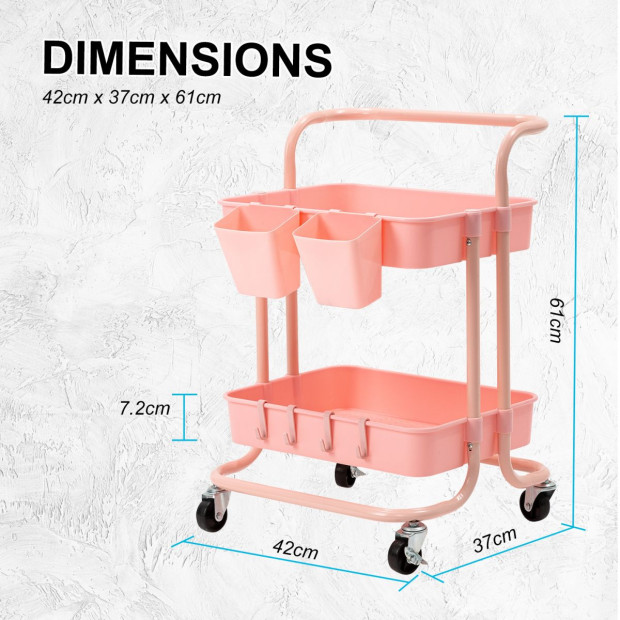 Kitchen Trolley Cart Storage 2 Tier - Pink Image 8