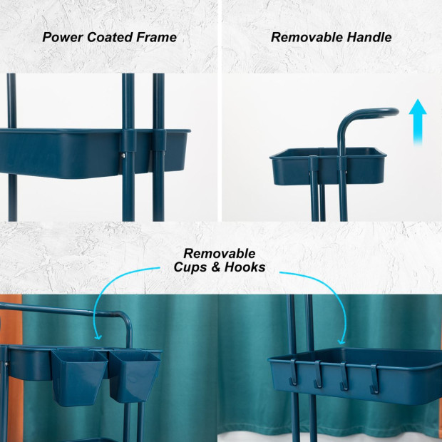 Kitchen Trolley Cart Storage 3 Tier - Blue Image 2